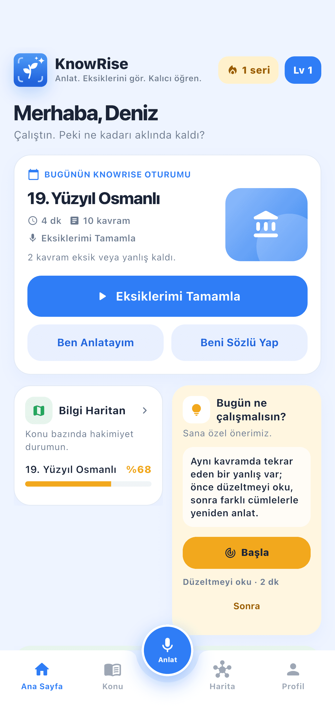 KnowRise ana sayfası: bugünün anlatım oturumu, bilgi haritası ve kişisel çalışma önerisi